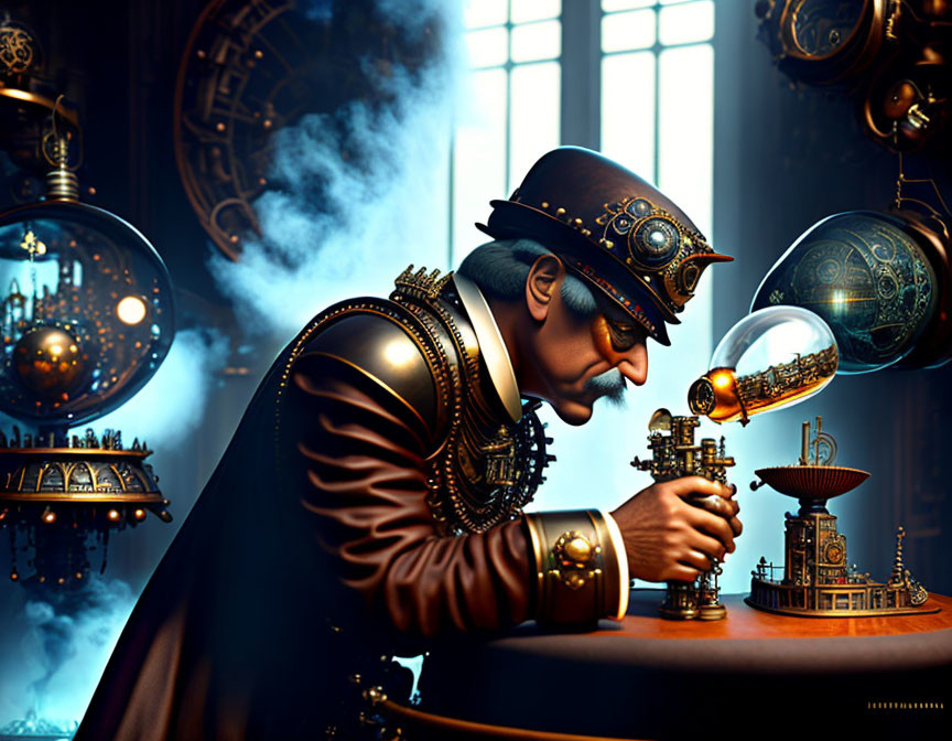 Steampunk-themed gentleman inspecting intricate device in dimly lit room