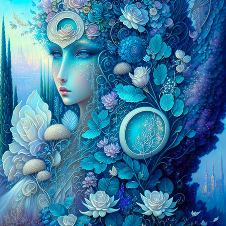 Digital Artwork: Woman's Face with Blue Floral and Celestial Designs