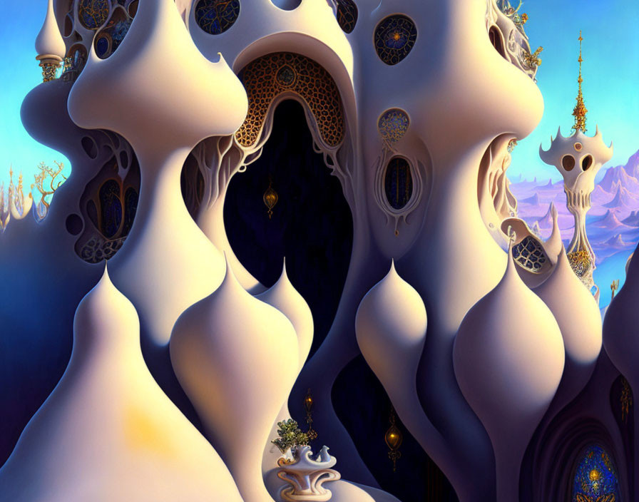 Surreal landscape featuring organic structures, ornate patterns, and fantastical architecture under blue sky