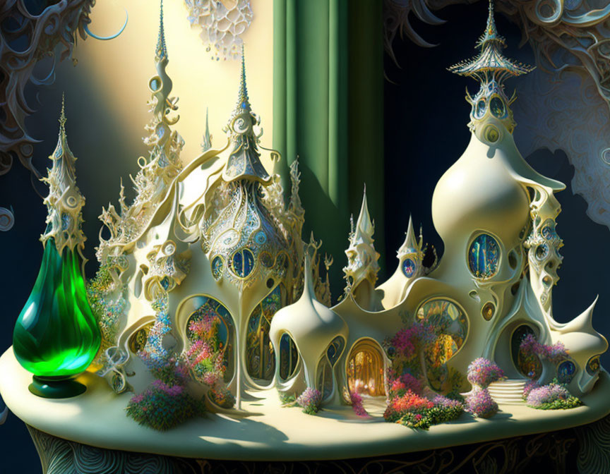 Fantasy architecture: ornate towers, domes, intricate details, colorful flora, soft glowing light