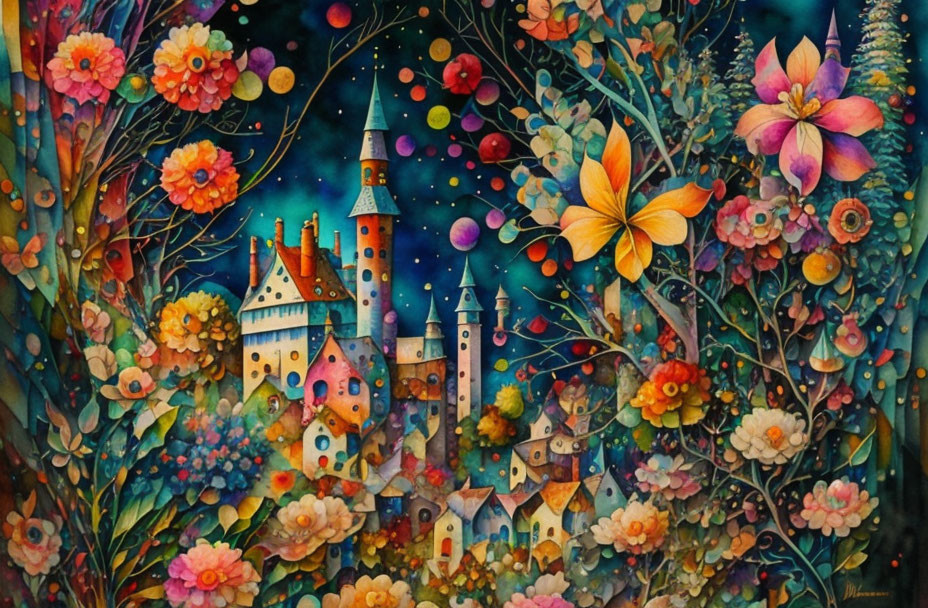 Vibrant fairy-tale village painting with abundant flowers under starry sky