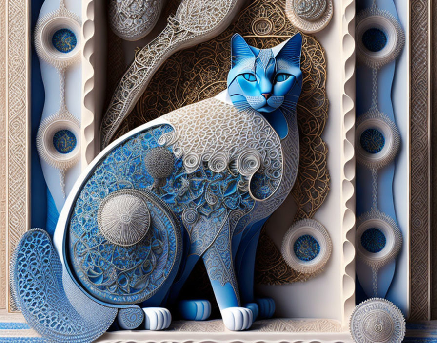 Stylized blue and beige cat sculpture with intricate patterns on matching decorative backdrop