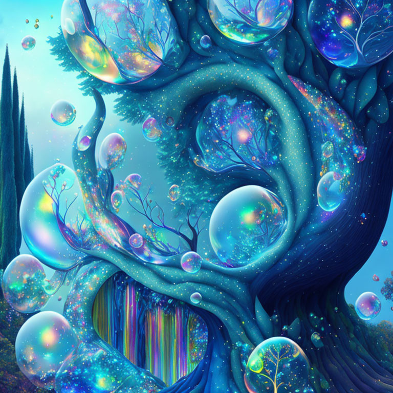 Colorful Fantasy Tree Artwork with Galaxies in Bubbles on Starry Sky