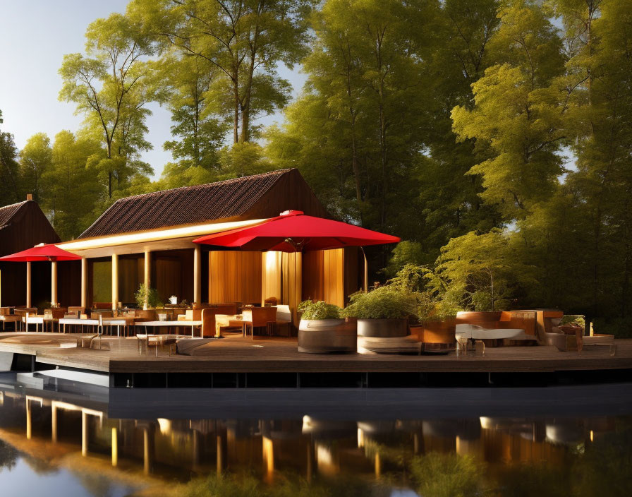 Tranquil lakeside scene with wooden pavilions and red umbrellas amid lush greenery