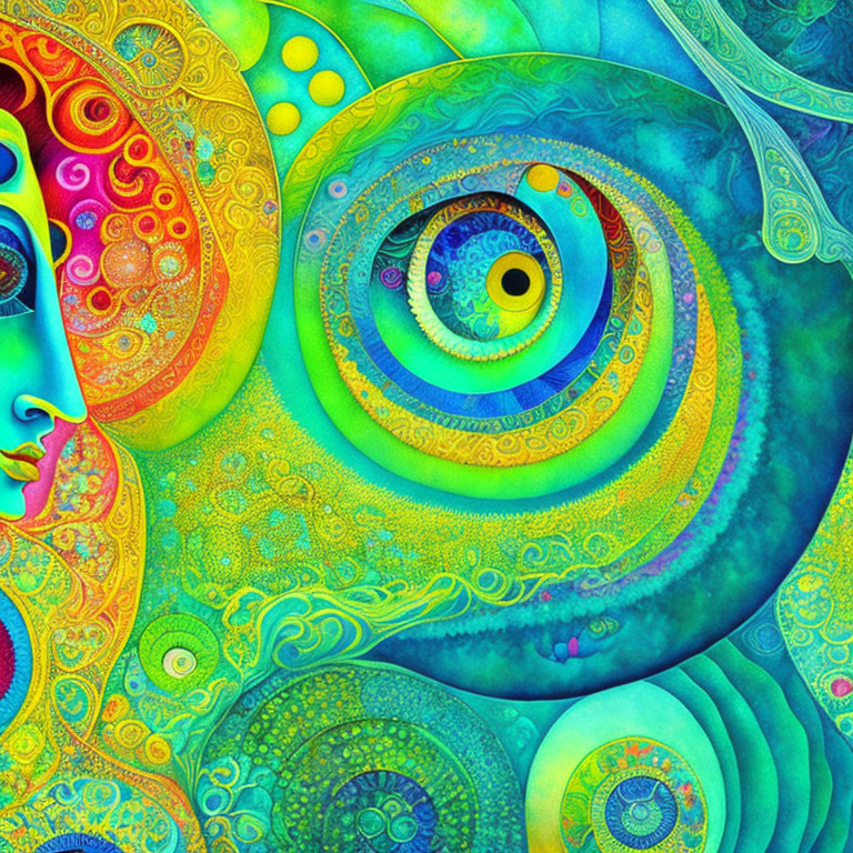 Colorful Psychedelic Eye Spiral in Blues, Greens, and Yellows