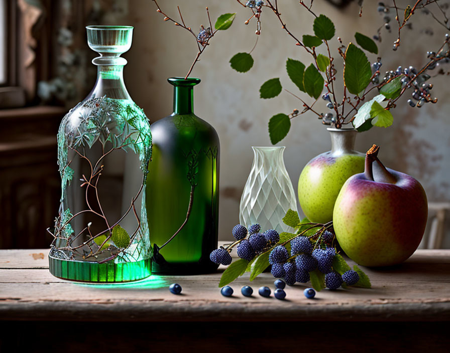 Decorative glass bottles, berries, ripe apple on wooden surface