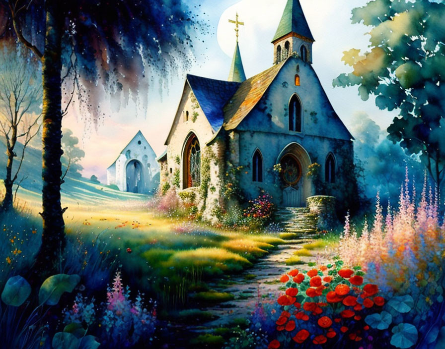 Colorful painting: Quaint church in lush foliage under blue sky