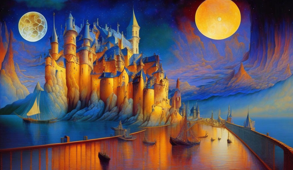 Fantasy castle under double moon on blue and orange sky with water and bridge.