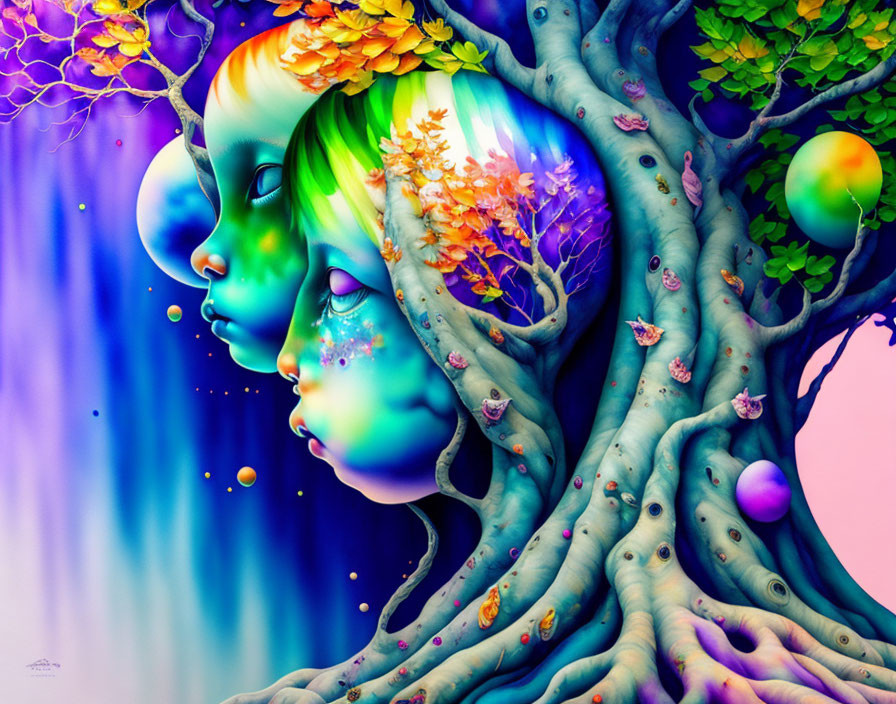 Colorful artwork of faces merging with a seasonal tree.