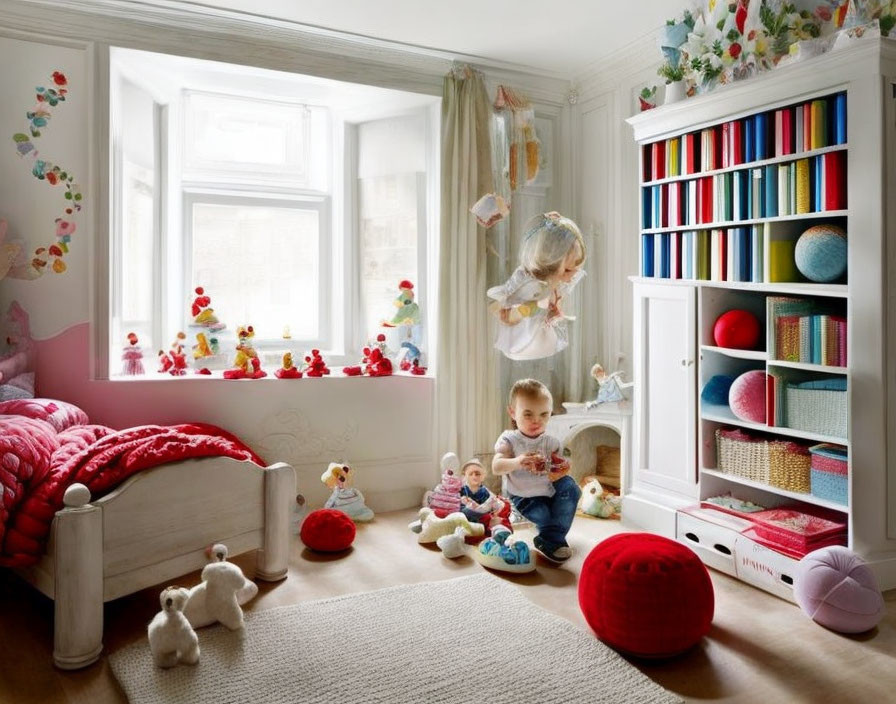 Colorful Children's Room with Toddler Playing, White Bed, Bookshelf, and Decorations