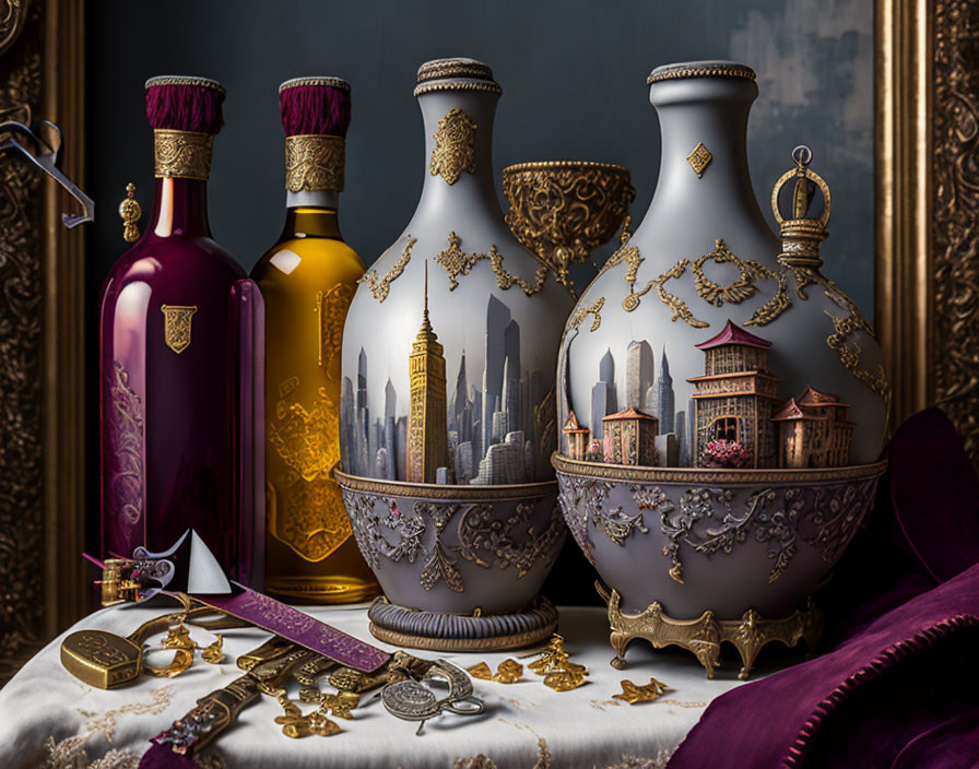 Elegant gold-designed bottles with city skyline, jewelry, and textiles on dark backdrop