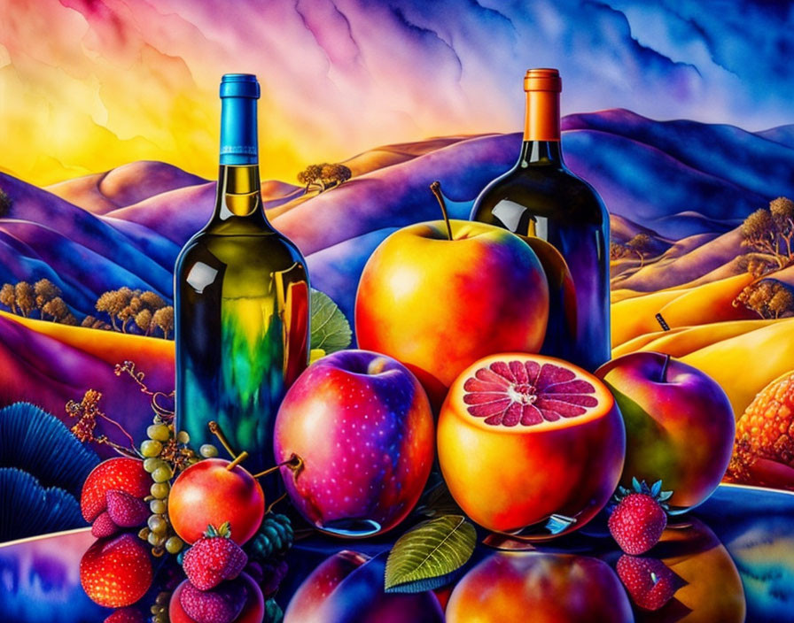 Colorful Still Life Painting with Wine Bottles, Fruit, and Landscape