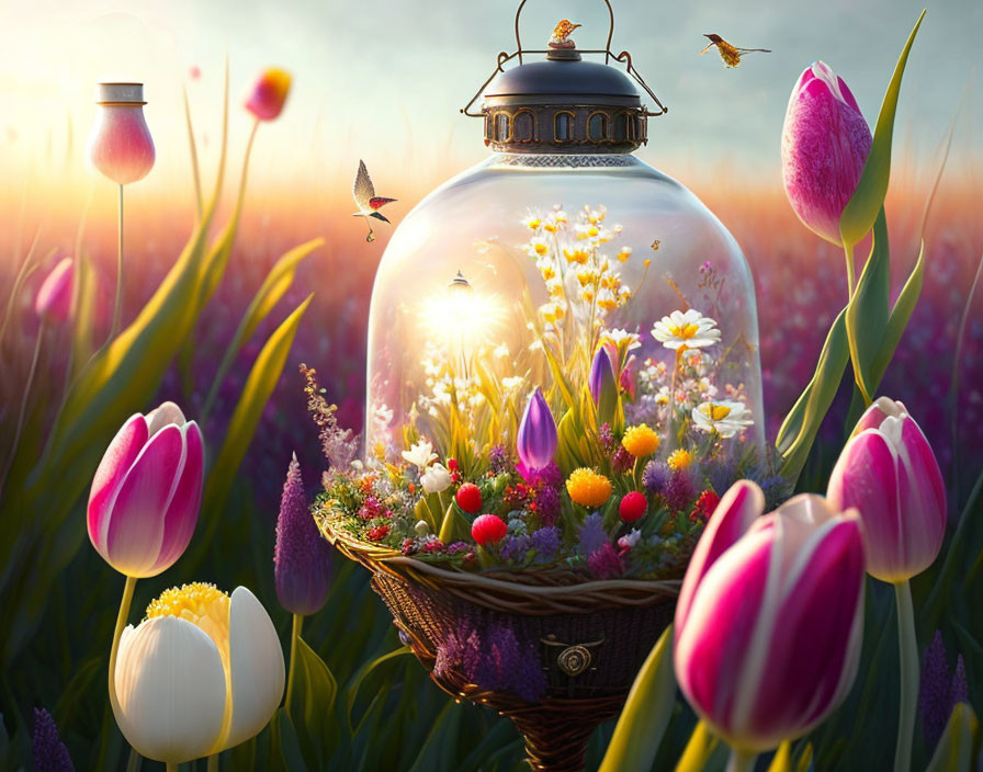 Miniature garden lantern with tulips and butterflies at sunset