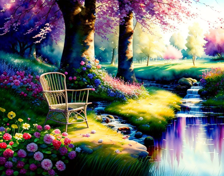 Tranquil garden scene with blooming trees and stream