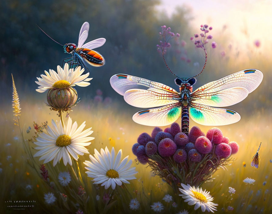 Colorful Digital Artwork: Oversized Dragonflies on Wildflowers in Sunlit Meadow