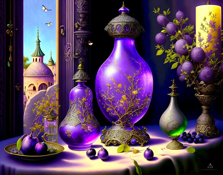 Colorful still-life with ornate vases, fruits, and candle against Arabian cityscape backdrop.