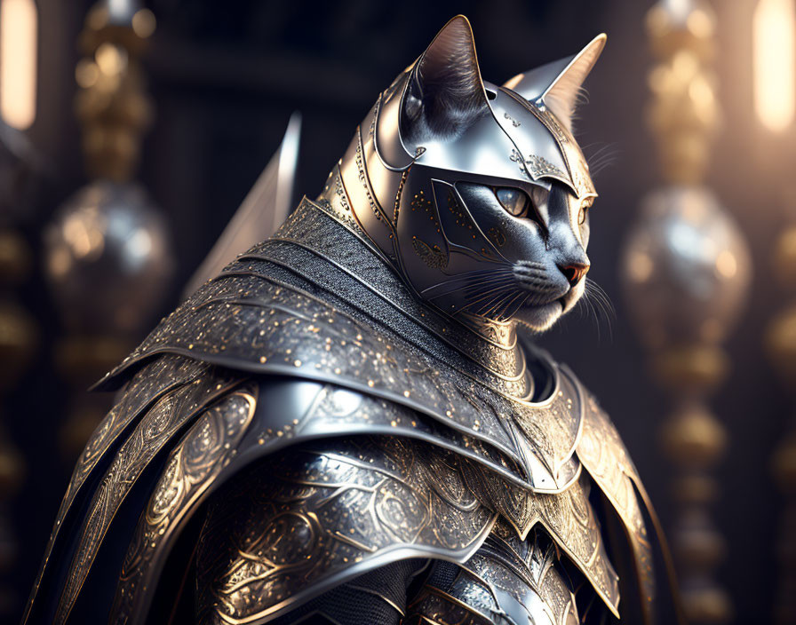 Detailed digital artwork: Cat in medieval armor with soft lighting on intricate metalwork