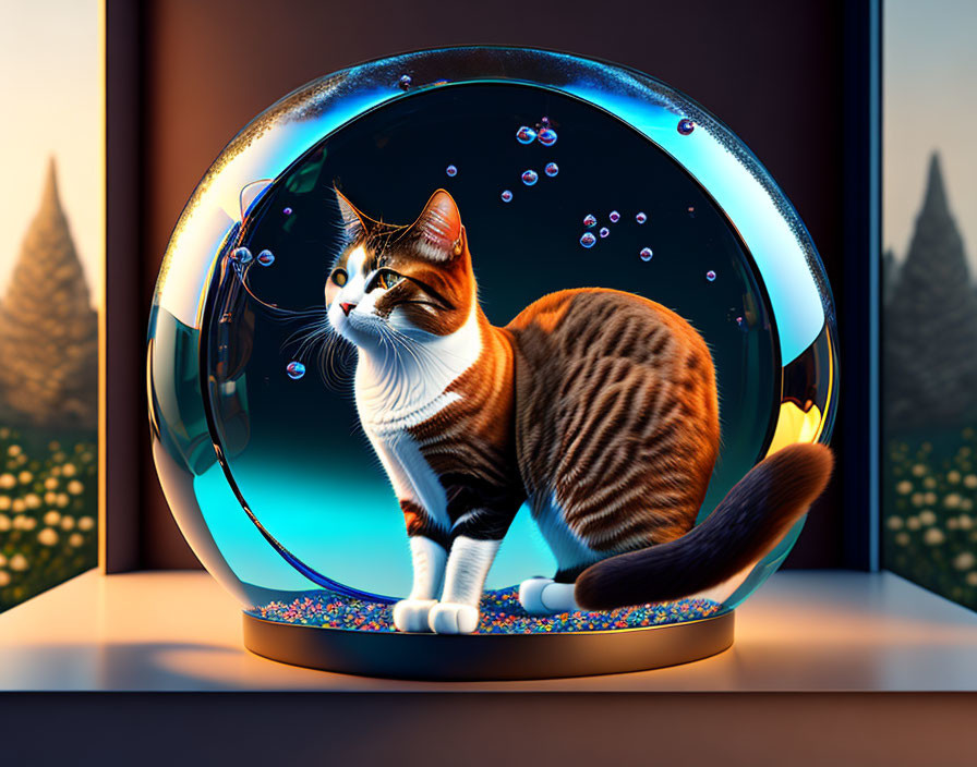 Cat in bubble with colorful fish against twilight sky and trees