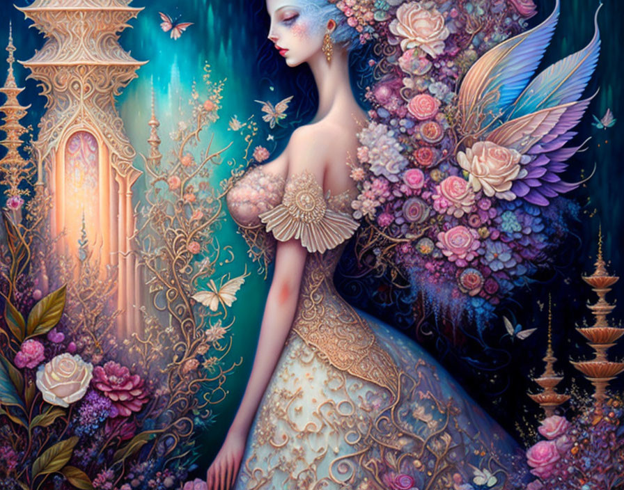 Fantastical artwork of woman with ethereal wings and ornate gown amid mystical tower