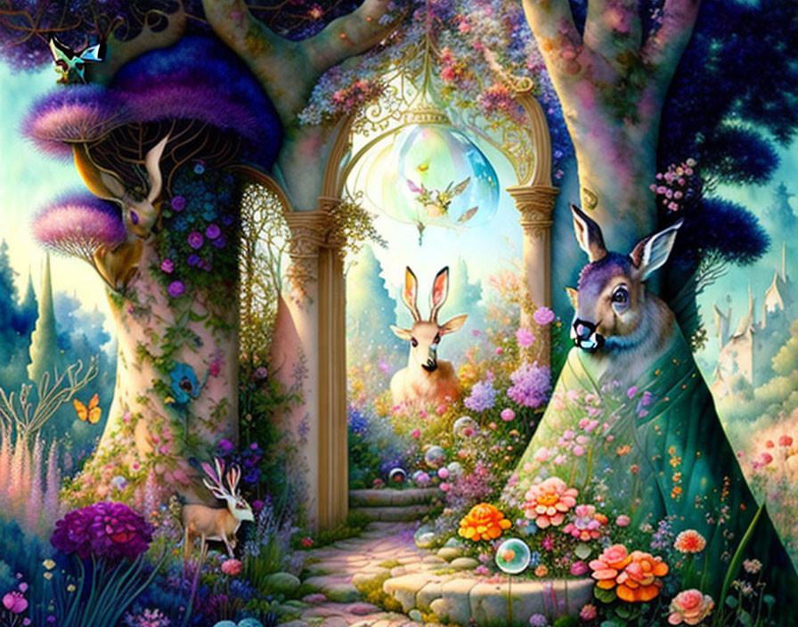 Enchanted forest scene with vibrant flowers and mystical trees