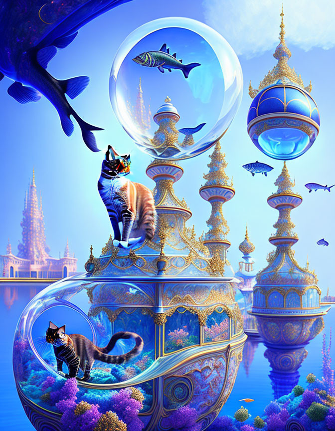 Surreal image of cats on golden pedestals with fish in bubbles, set against blue fantasy architecture