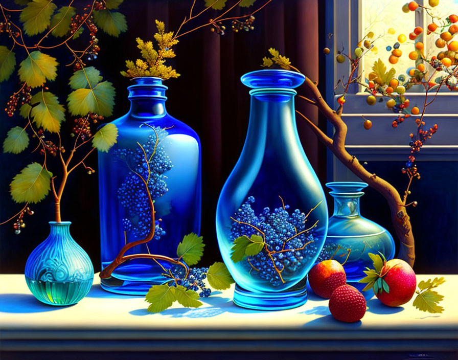 Vibrant still life painting with blue glass vases, berries, leaves, and strawberries