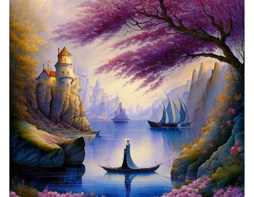 Fantasy landscape with castle, sailboats, river, and vibrant trees under purple sky