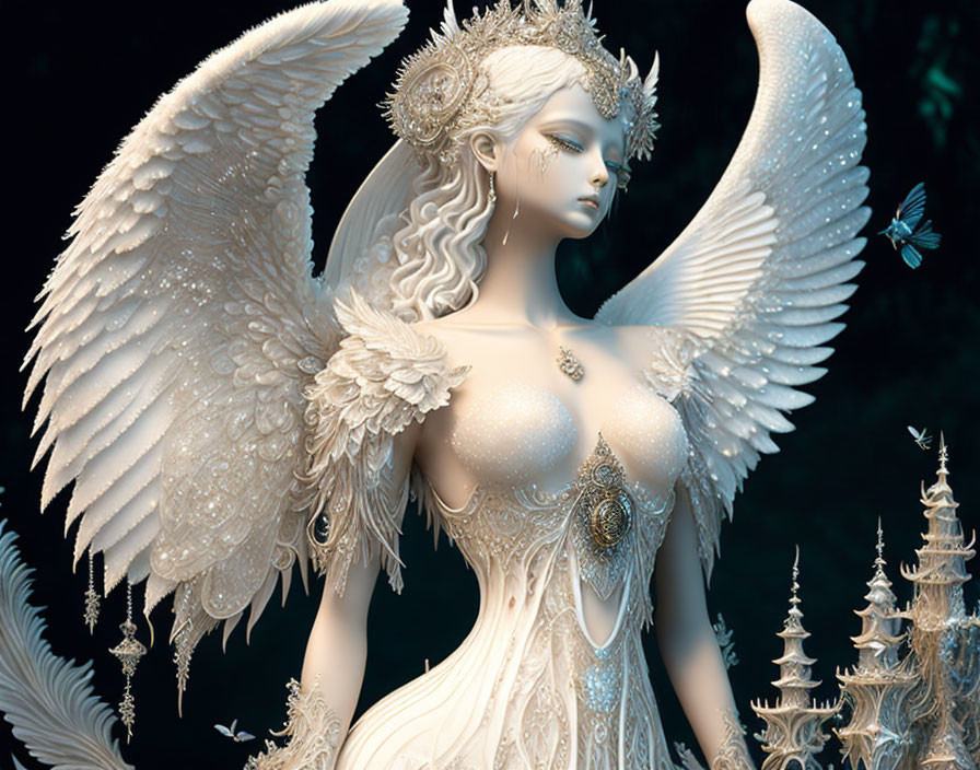 Detailed Angelic Figure Statue with Butterfly on Dark Background