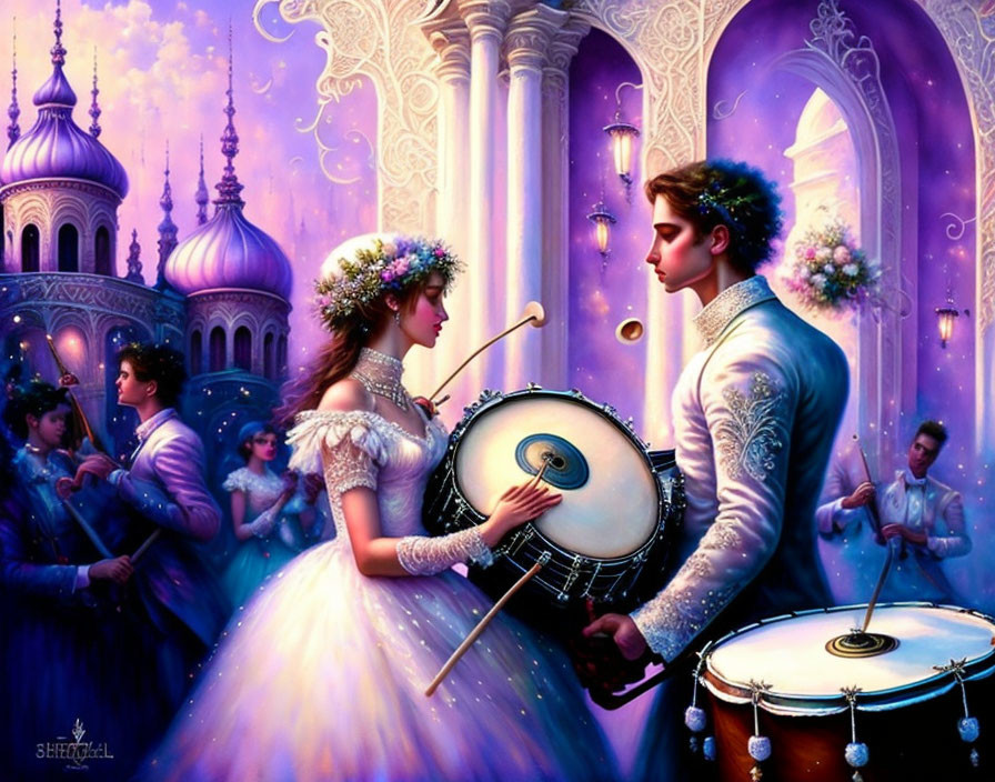 Romantic couple with drums in ornate purple ballroom surrounded by musicians