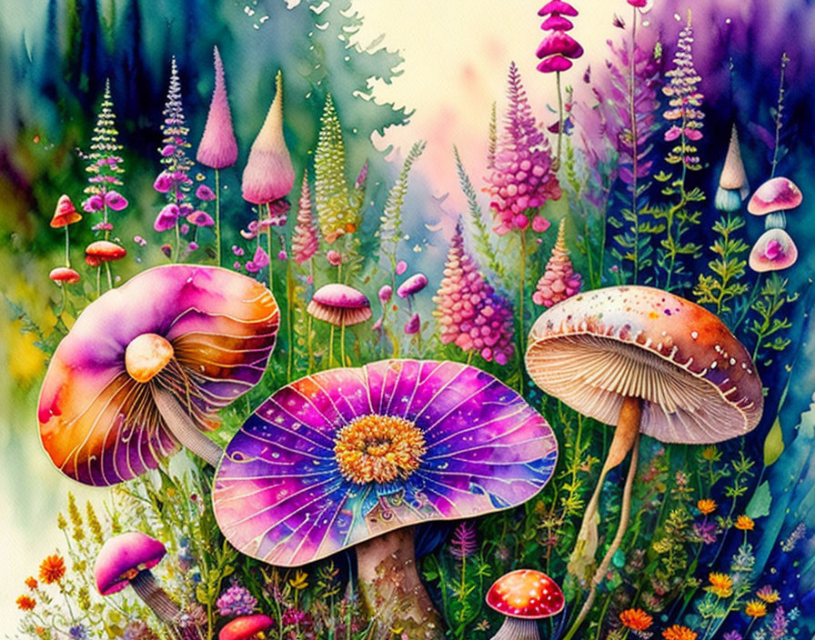 Whimsical forest with colorful mushrooms and fantastical plants in dreamy pastel hues