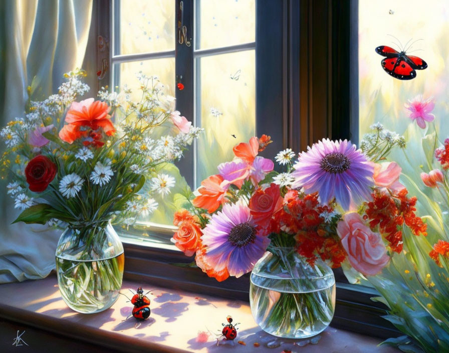 Colorful Flower Bouquets in Glass Vases on Sunlit Windowsill with Butterflies and Scenic