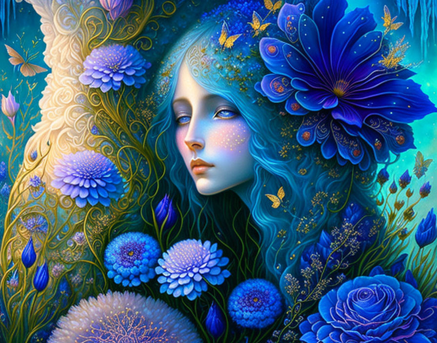 Colorful artwork of woman with blue hair and skin, adorned with floral patterns.