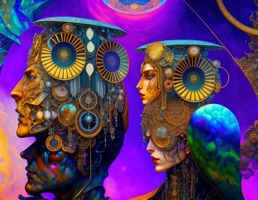 Four stylized faces with ornate headdresses on colorful background