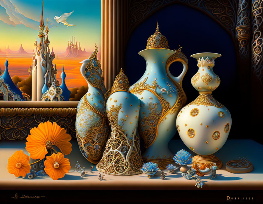 Intricate Gold-Patterned Vases on Surreal Architectural Background