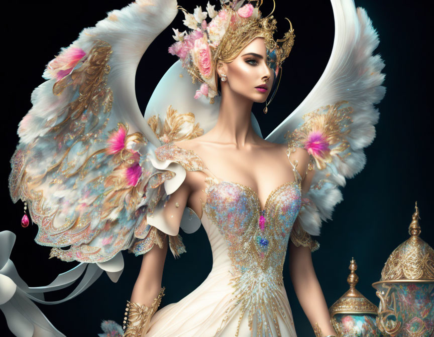 Elaborate costume with ornate wings and golden crown on majestic woman