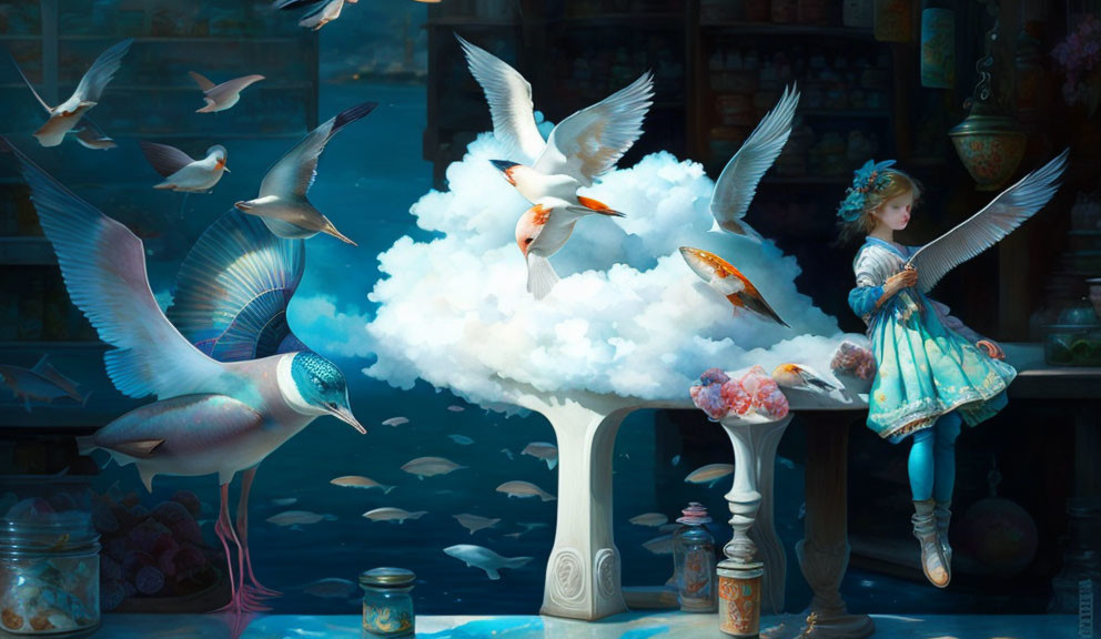 Fantasy artwork of birds, girl on pedestal, fish, and antique shop backdrop