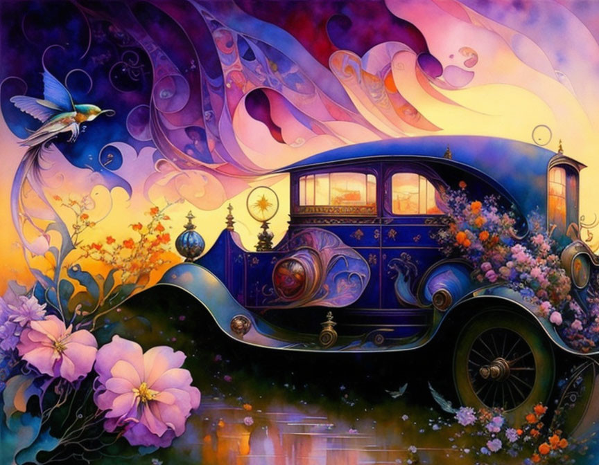 Colorful vintage car surrounded by swirling patterns and vibrant flowers with a flying blue bird.