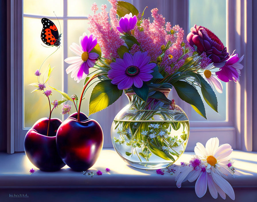 Colorful bouquet in glass vase with butterfly, cherries, and daisies on windowsill.