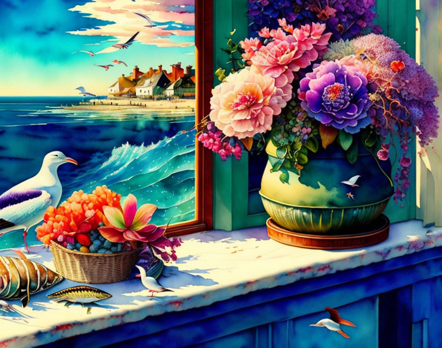 Seaside View Artwork with Gull, Floral Arrangement, Waves, Seashells, Coastal