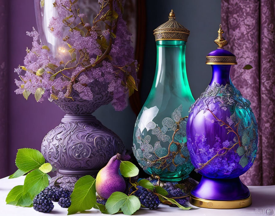 Ornate purple and blue vases with lush fruits and foliage on draped background