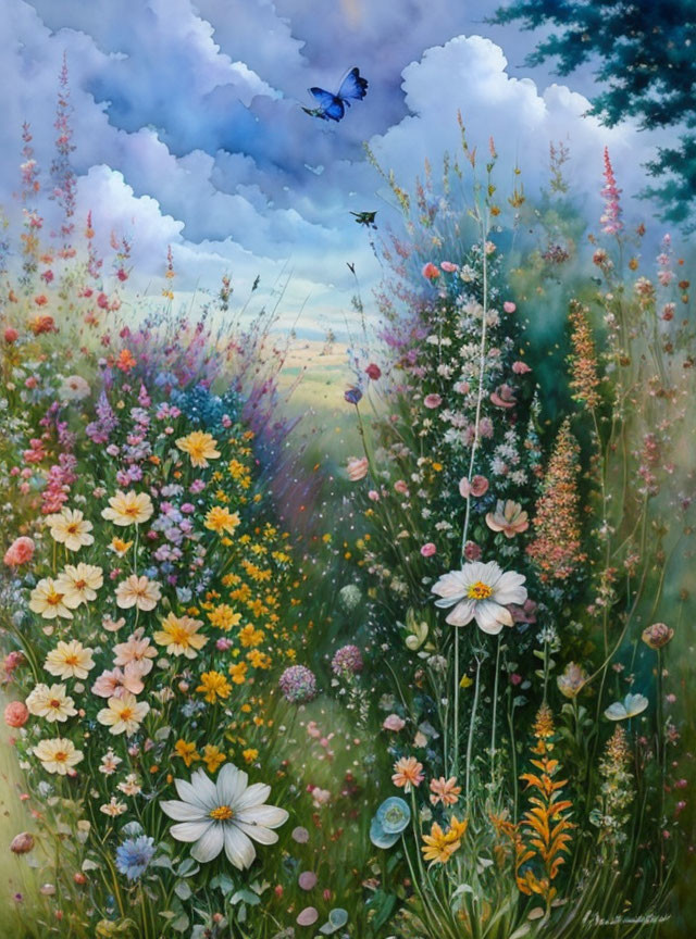 Colorful Wildflower Meadow Painting with Butterfly under Cloudy Sky