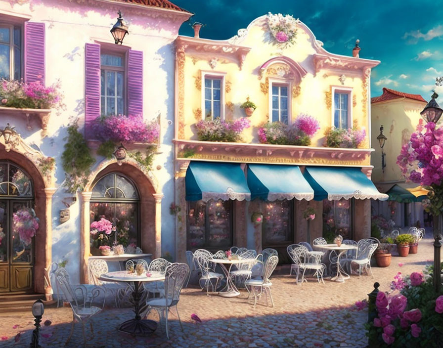 Picturesque street scene with colorful buildings, flowers, and outdoor café seating at sunset