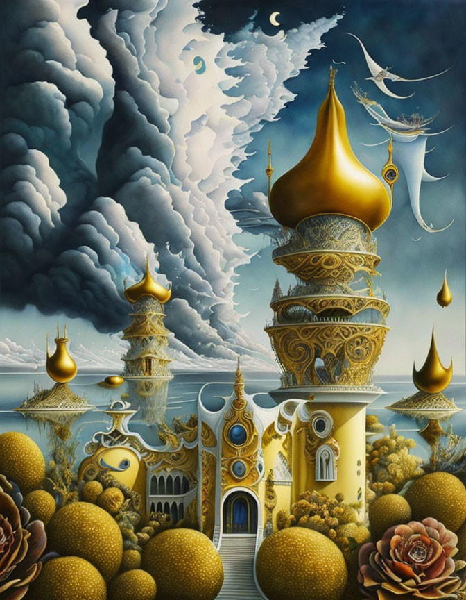 Surreal artwork with golden towers, stormy clouds, crescent moon