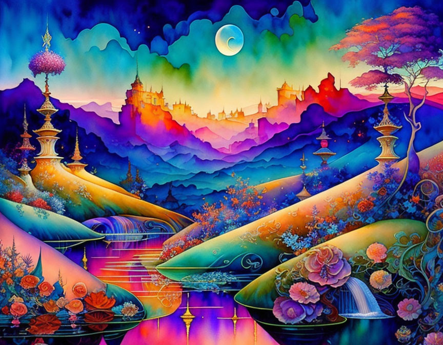 Colorful fantasy landscape with rolling hills, rivers, crescent moon, and whimsical castle