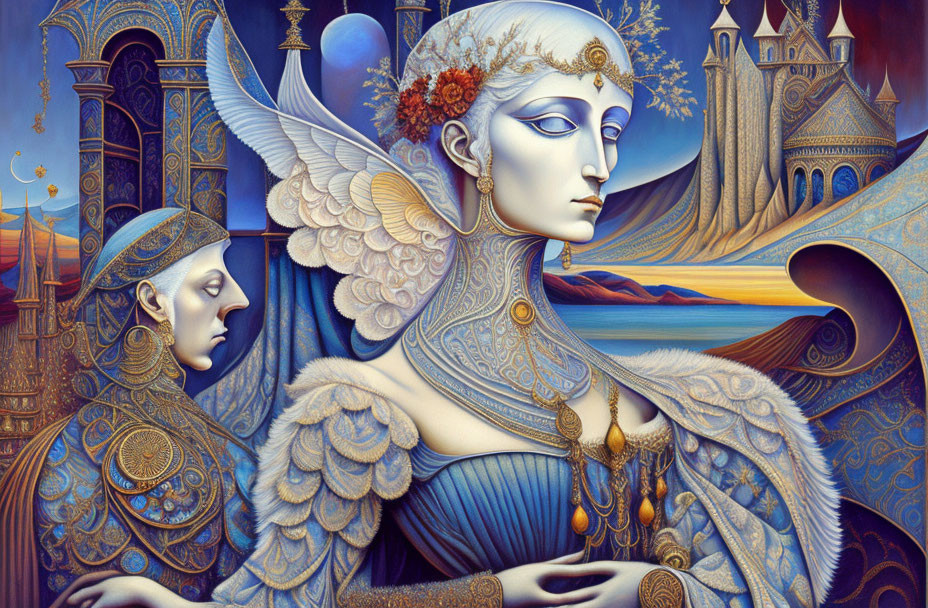 Detailed artwork of angelic figures with ornate armor, wings, castles, and sunset.