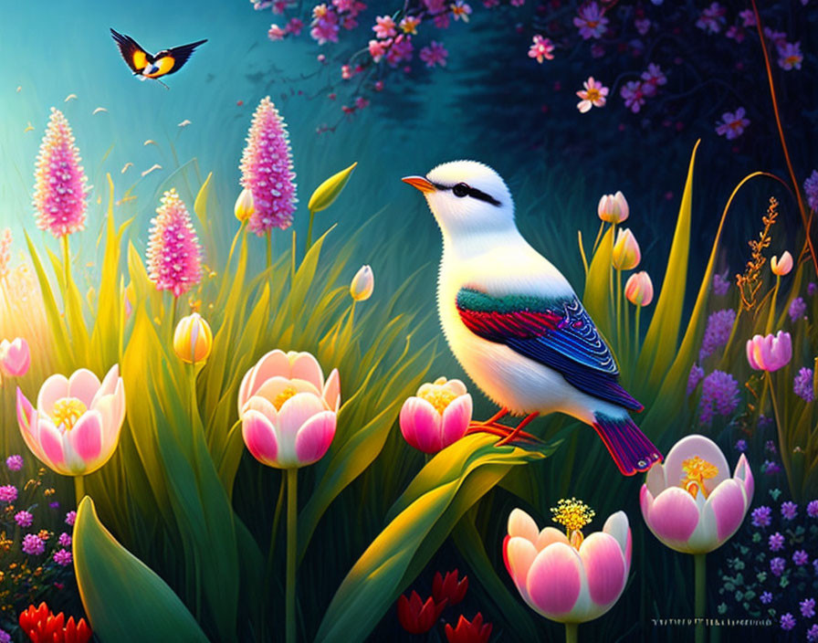 Colorful bird on tulip-filled foliage in enchanted forest scene