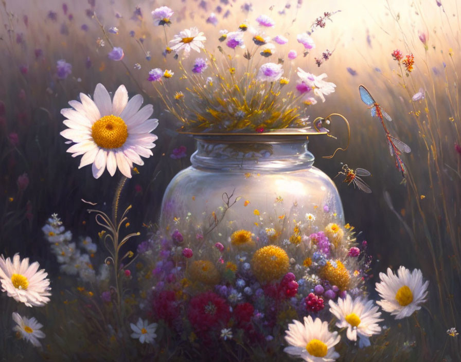 Colorful Wildflowers in Glass Jar with Dragonfly and Daisies in Sunlit Meadow