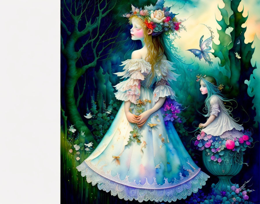 Ethereal female figures in magical forest with fairy