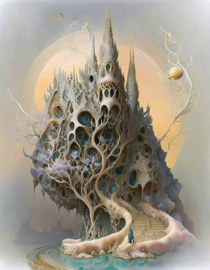 Surreal painting of organic tower with circular patterns and luminous orb