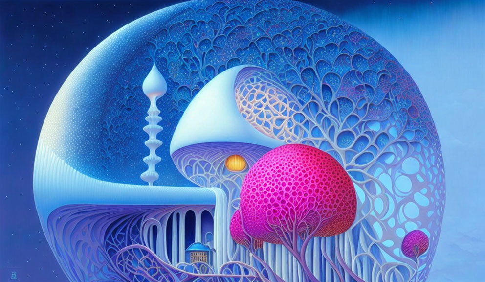 Colorful digital artwork: Fantastical mushroom structures in intricate moonlit scene